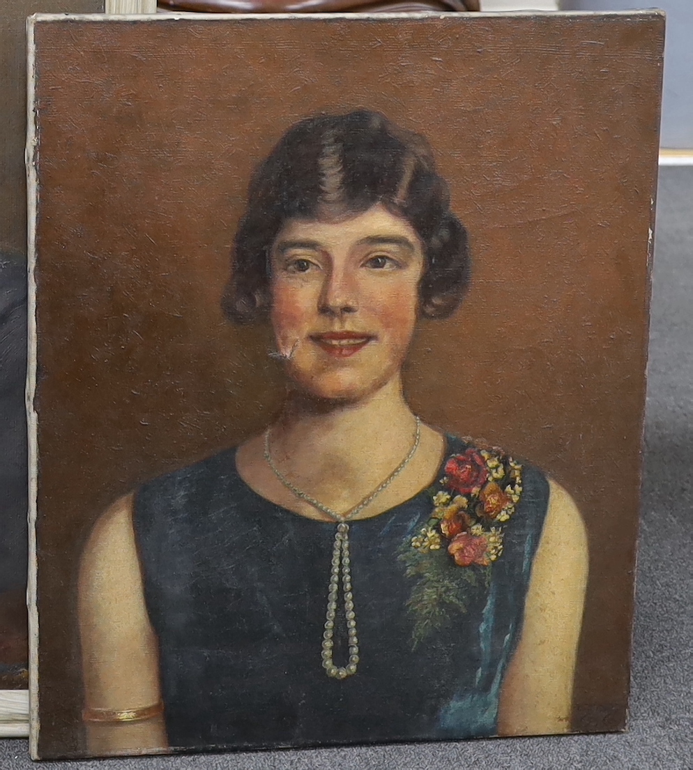 Owen Forrest (20th. C), oil on canvas, Portrait of an Art Deco woman, signed and indistinctly dated, unframed, 61 x 51cm